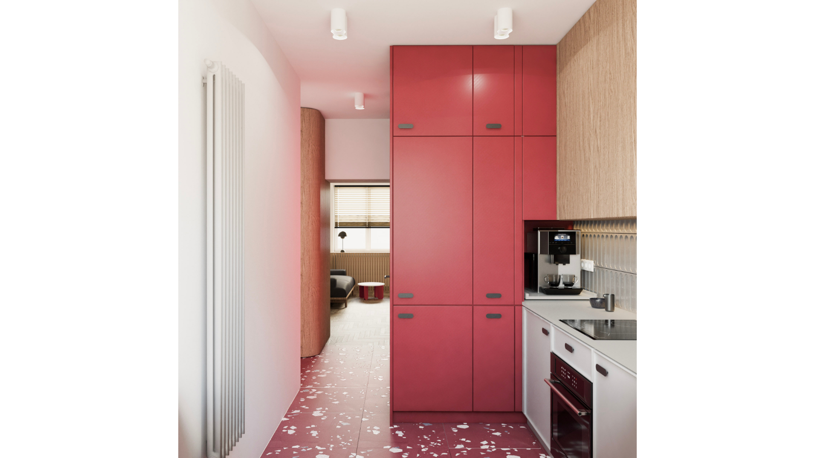 Kuchnia z bordowymi i drewnianymi frontami i w nowoczesnym mieszkaniu w Katowicach.