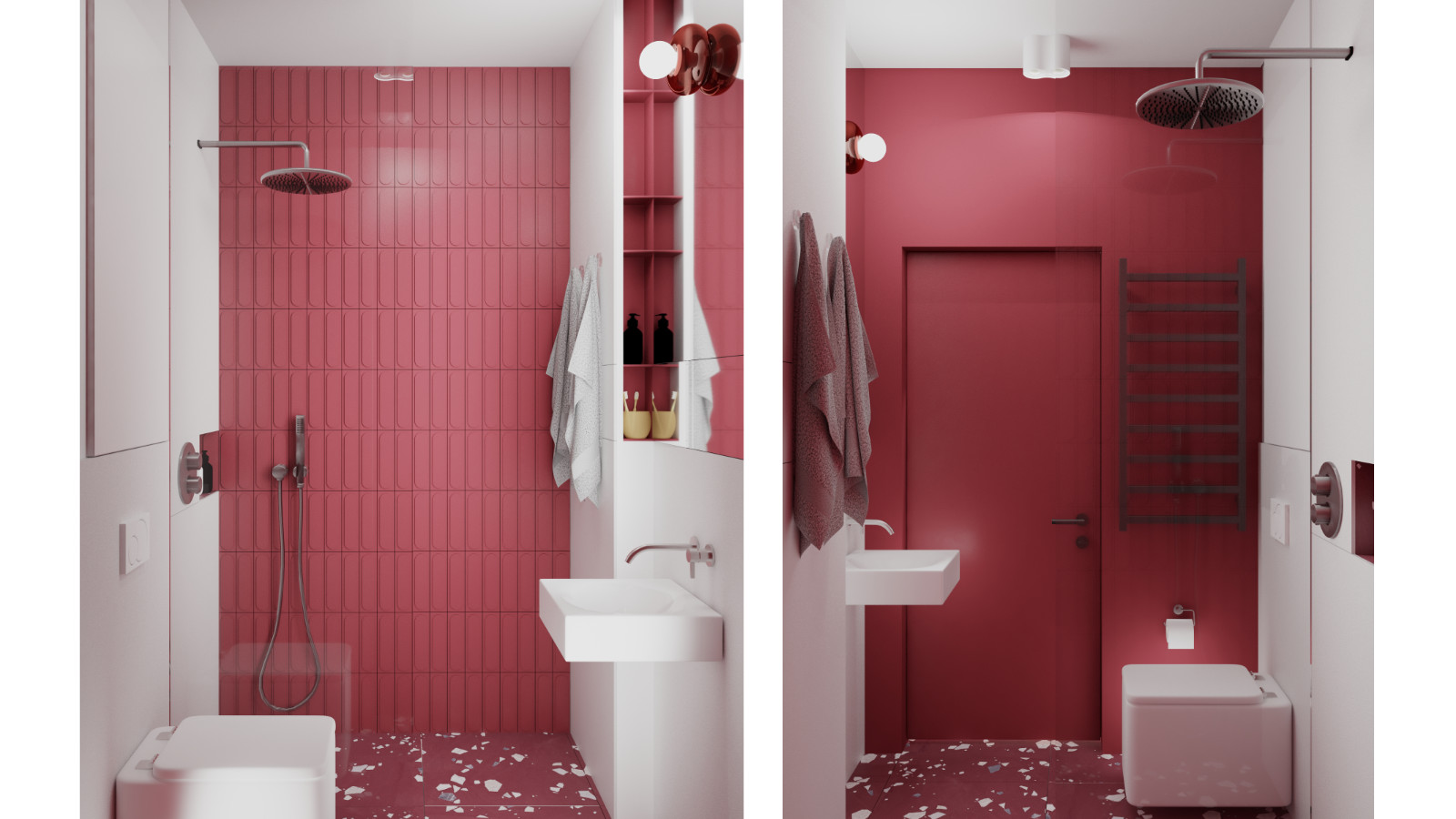 Energetyczna łazienka w kolorze bordo oraz bieli, z dekoracyjną posadzką lastriko.