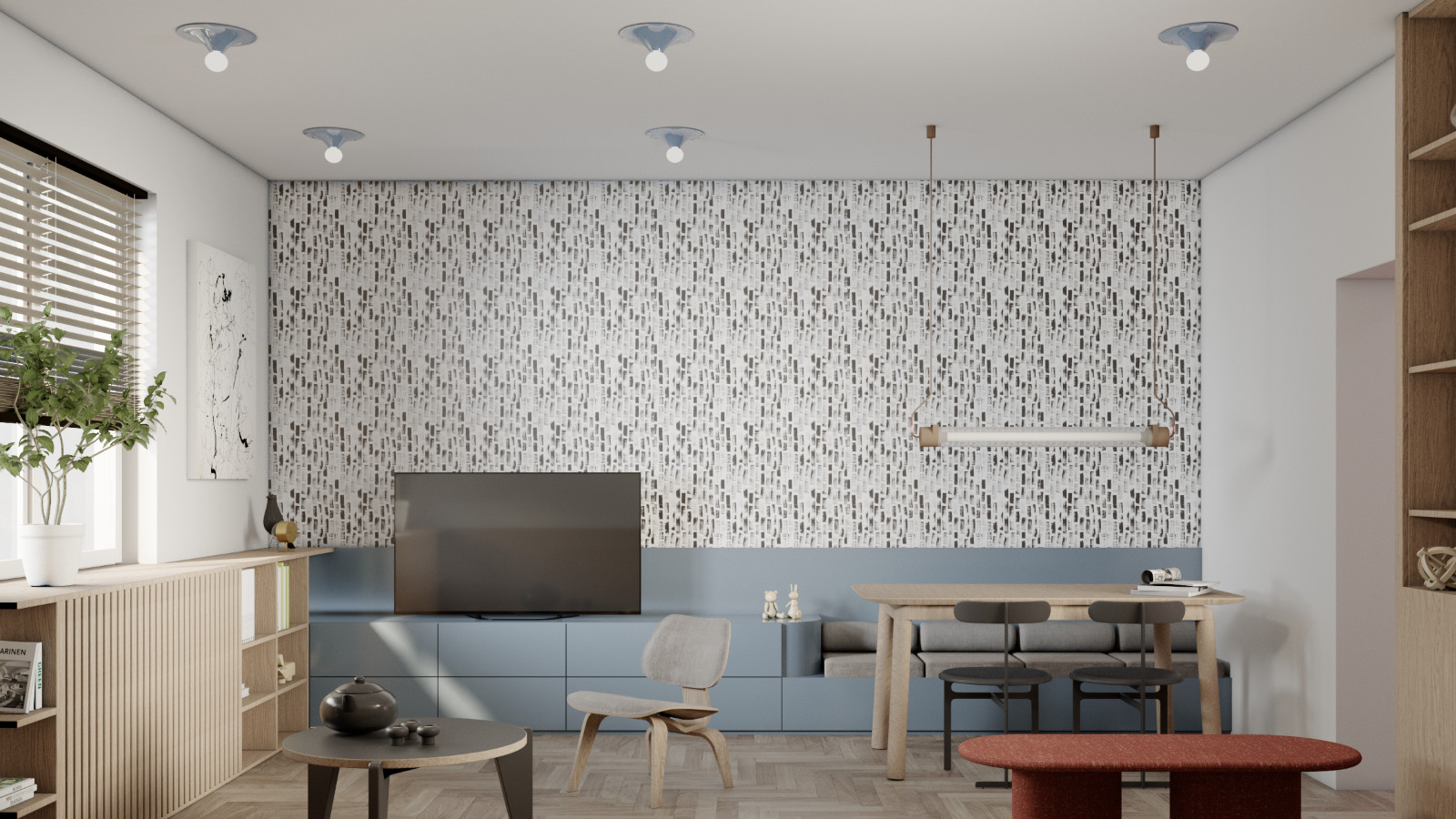 Salon z jasną sofą i regałem na książki w aranżacji wnętrza na Koszutce.