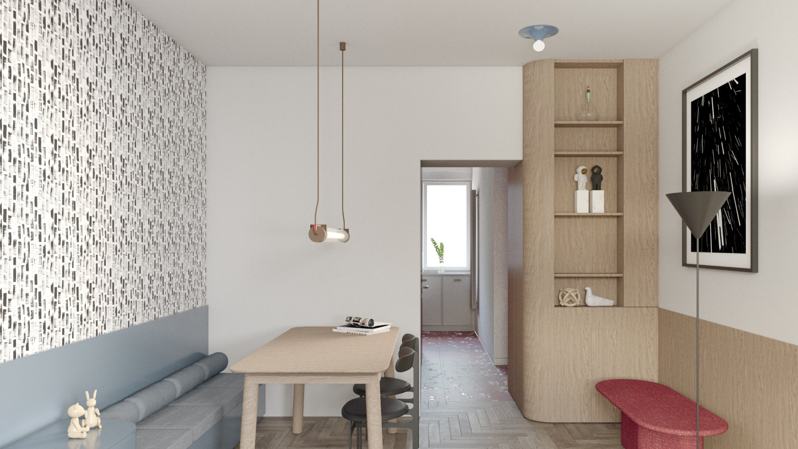 Jadalnia z drewnianym stołem i krzesłami w nowoczesnym mieszkaniu w Katowicach.