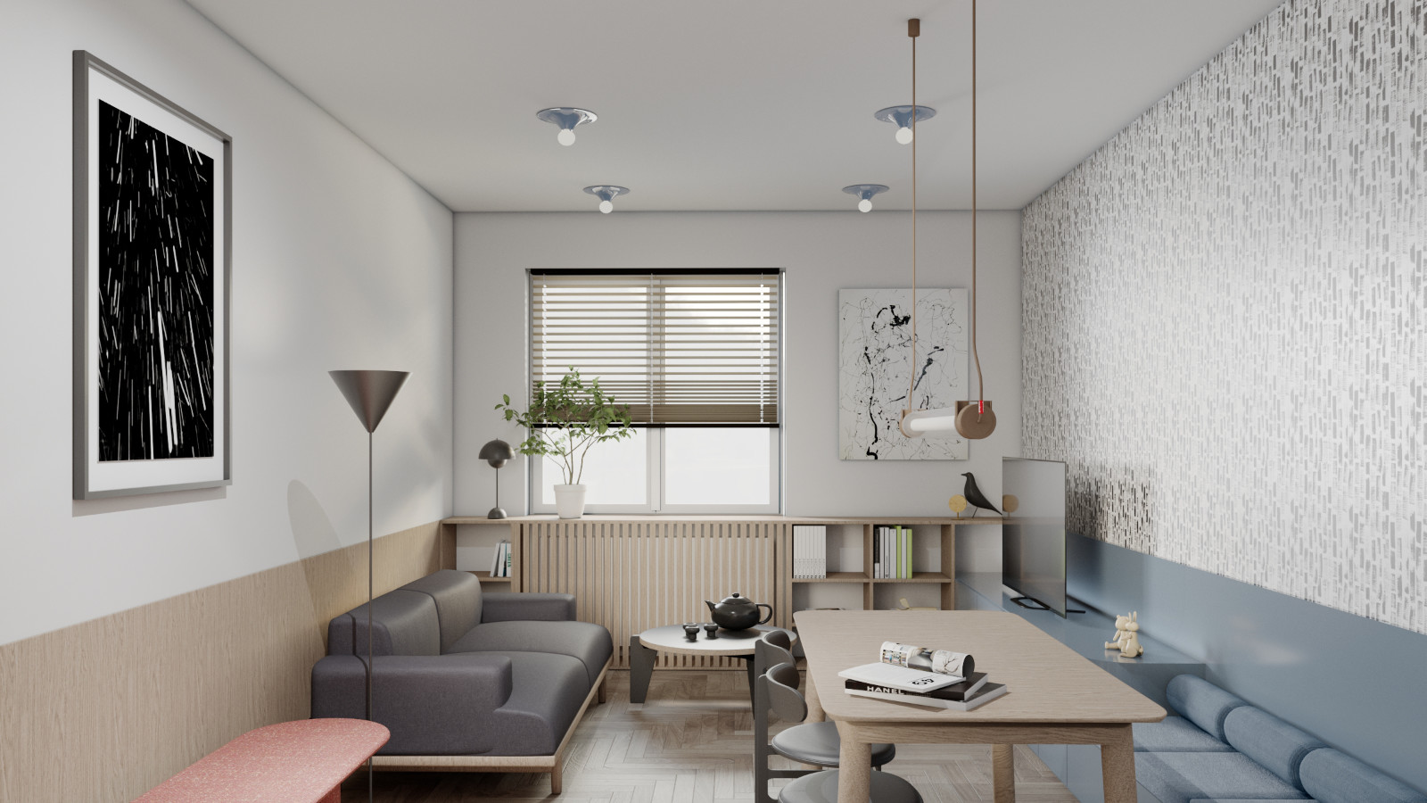 Salon z jasną sofą i regałem na książki w aranżacji wnętrza na Koszutce.