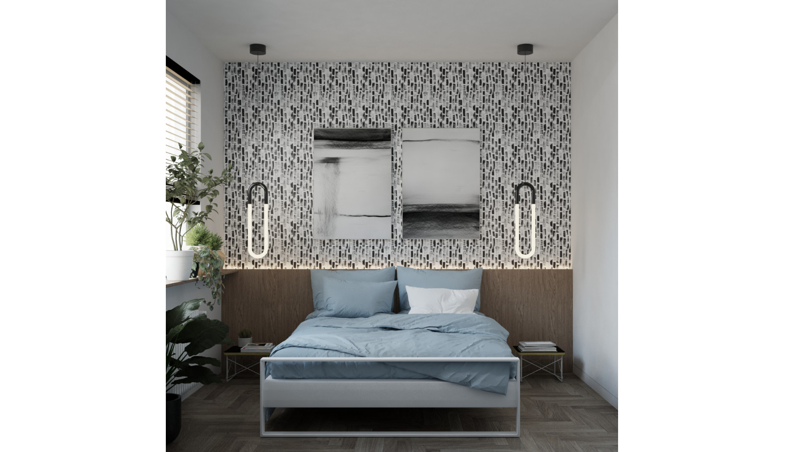 Sypialnia w stonowanych kolorach z dużym łóżkiem i minimalistycznym oświetleniem.